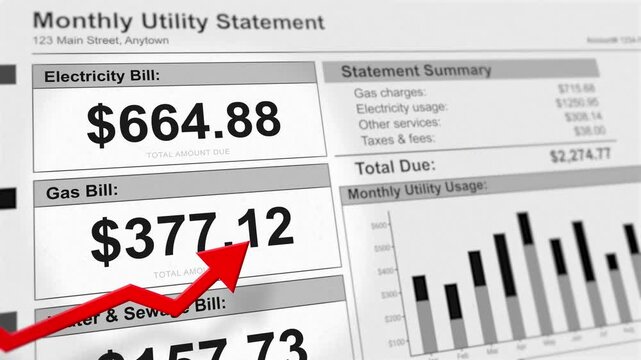 Monthly Utility Statement with rising inflation red arrow closeup. Cost of living, utility costs, billing sheet, home energy consumption, imbalance of monthly income and expense. 4k video footage