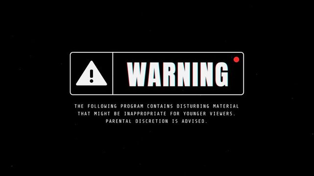 Warning disturbing content sign with caution icon and glitch effect. 4k video