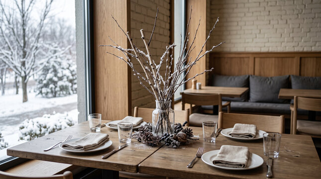 Winter restaurant dining table by snowy window