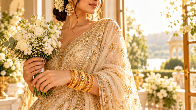 Beautiful Indian bride in traditional golden attire holding a white flower bouquet.