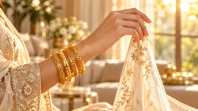 Elegant gold bangles worn on a woman wrist holding a traditional veil.