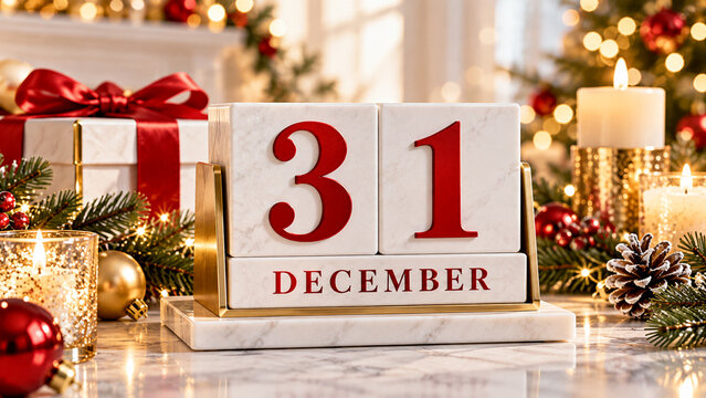Marble block calendar showing thirty first december for new year eve celebration with candles.
