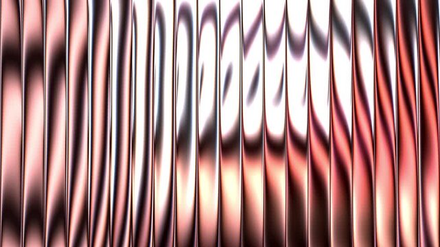 Abstract fluted vertical panels with wavy copper and rose gold reflections, glossy ribbed metallic surface in 4K loop style animation