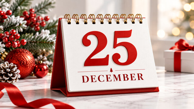 Christmas day desk calendar showing twenty fifth of december with festive holiday decorations.