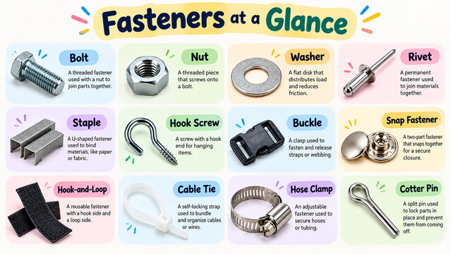 Educational infographic poster showing fasteners at a glance with labeled hardware parts and descriptions.