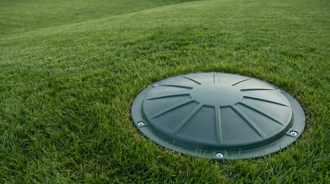 A green ribbed septic tank riser lid with radial molded supports and perimeter bolts sits in a residential lawn, providing ground-level access for wastewater system maintenance.