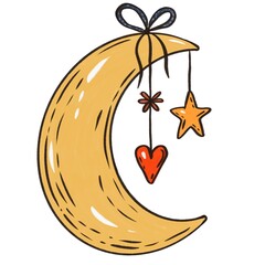 Hand-drawn crescent moon with heart, star, and flower charms hanging from a bow © Larysa
