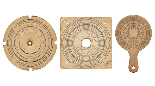 Three vintage navigational instruments, including a circular astrolabe, a square dial plate, and a handheld wooden circular chart, isolated