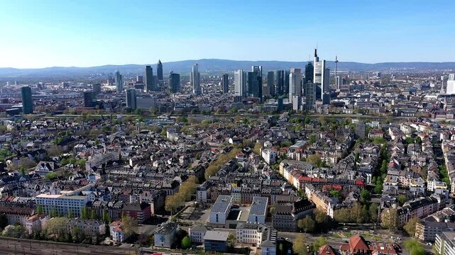 Aerial view, Flight over Frankfurt skyline, Sachsenhausen, Hesse, Germany