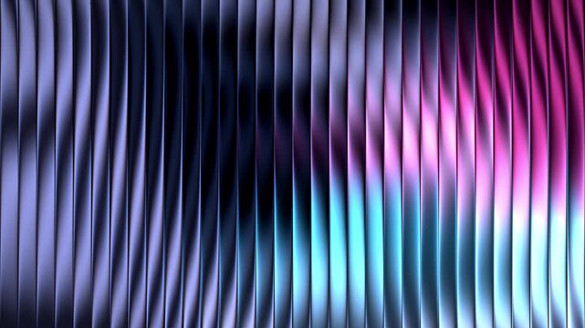 Abstract fractal metallic vertical ribbed panels with glossy iridescent reflections in blue, cyan, purple and pink, 3D render background with smooth flowing motion
