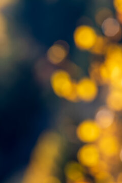 Abstract autumn background with blurred golden yellow birch leaves, warm amber bokeh lights and deep blue tones, creating a soft seasonal nature backdrop with copy space.