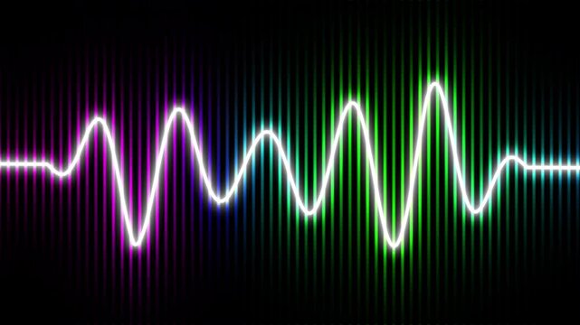 Abstract Sci-Fi Visual Background With Bright White Wave Moving Fluidly Over a Spectrum of Vertical Light Rays, Seamless Looping Pattern of Rapid Rhythmic Motion in the Dark