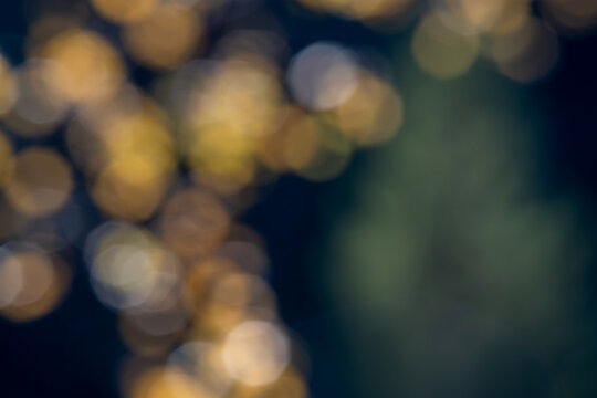 Abstract autumn background with blurred golden yellow birch leaves, warm amber bokeh lights and deep blue tones, creating a soft seasonal nature backdrop with copy space.
