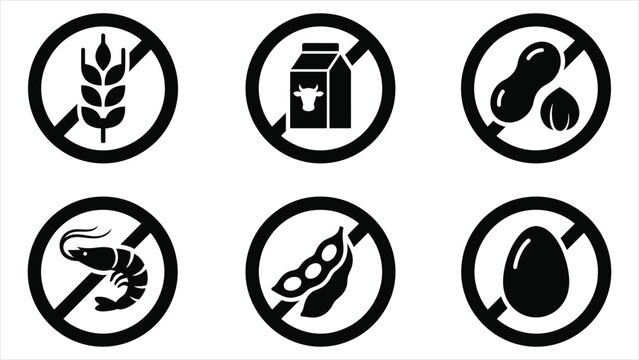 Allergen warning symbols and dietary intolerance packaging badges solid vector icon collection