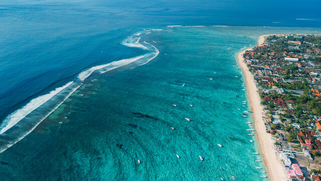 Nusa Lembongan with tropical beach and turquoise sea, drone view