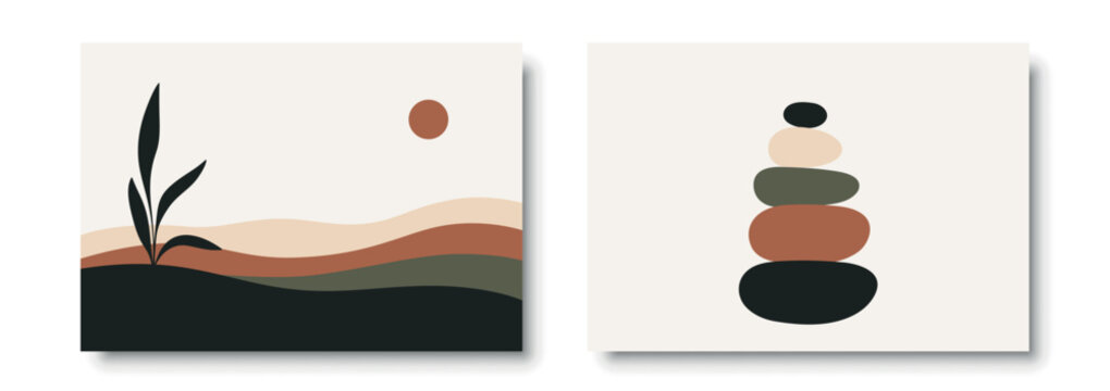 Minimal Desert Landscape with Layered Hills, Vector Illustration. Sun and Botanical Silhouette in Warm Earth Tones. Modern Abstract Wall Art for Boho Interiors, Posters and Contemporary Home Decor
