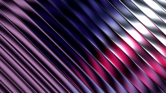 Abstract fractal background of glossy metallic diagonal stripes in purple, navy, red and silver with reflective curved surfaces
