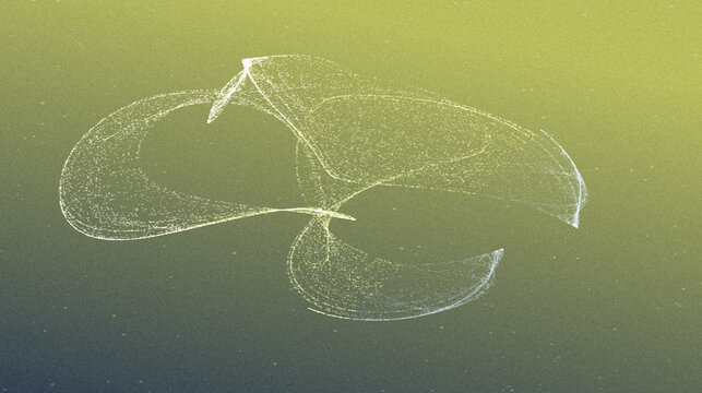 Abstract yellow and green attractor pattern with intricate lines, fine grain texture, dust-like speckles, and a decorative gray background in landscape orientation