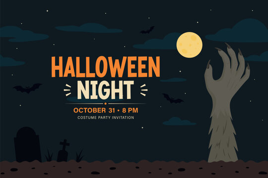 Halloween Night Halloween Party Halloween Invitation Banner with Zombie Hand, Vector Illustration. Full Moon, Bats and Graveyard. Spooky October Event Poster. Costume Party Flyer Template
