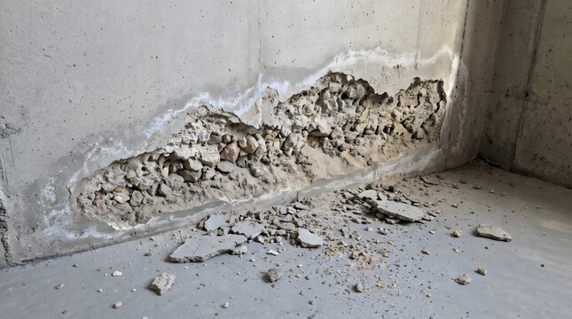 Spalling along the base of a poured concrete basement wall exposes coarse aggregate, with broken concrete flakes scattered across the floor beside an unfinished corner.