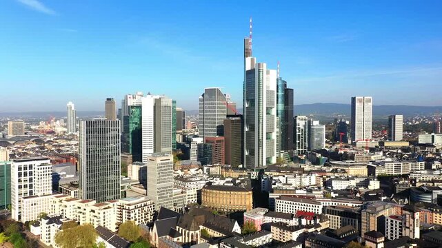 Aerial view, Flight at Frankfurt, with skyscrapers, like Commerzbank,  river Main, Hesse, Germany