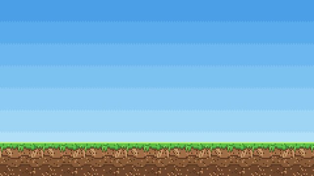 Pixel simple grass and soil ground with clear blue sky gradient in parallax side scrolling animation. 4k video
