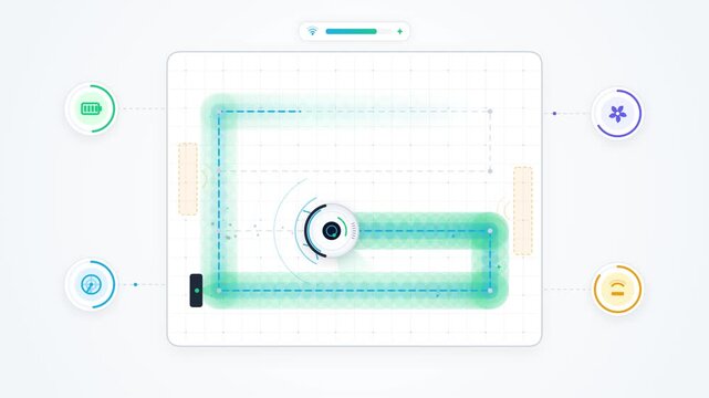 Flat Vector Robot Vacuum Mapping On Bright White Minimalist Interface