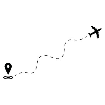 Airplane flying over location pin on dotted route map
