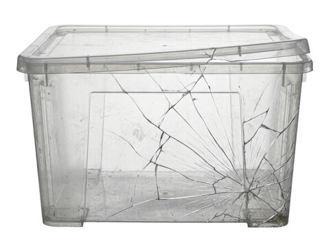Broken clear plastic storage box isolated on a transparent background