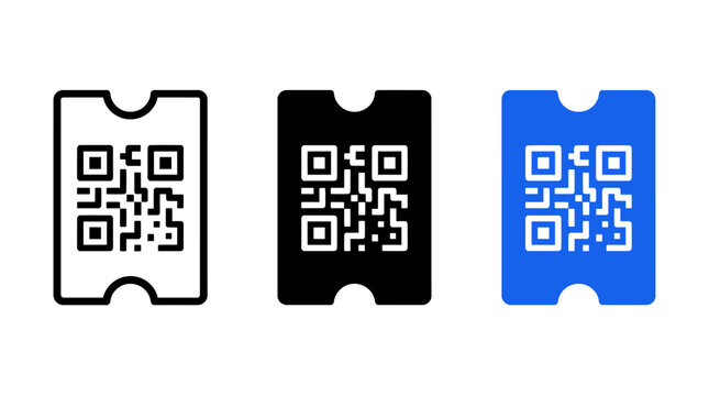 Three variations of qr code ticket icons in outline solid and blue styles