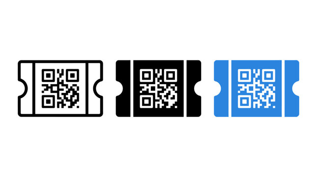 Ticket icon set with embedded qr code for event access and scanning