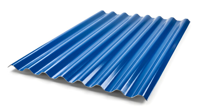 Blue corrugated metal roofing sheet isolated on clean white background