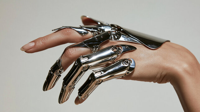 elegant human hand transforming into shiny chrome robotic fingers, futuristic cyborg hand revealing metallic fingers beneath human skin, human and machine fusion with sleek chrome robotic fingers