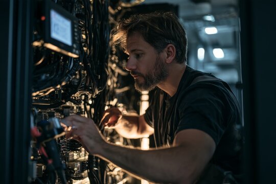 Technician Working on Electronic Equipment with Focus on Reducing Complexities in Business Operations