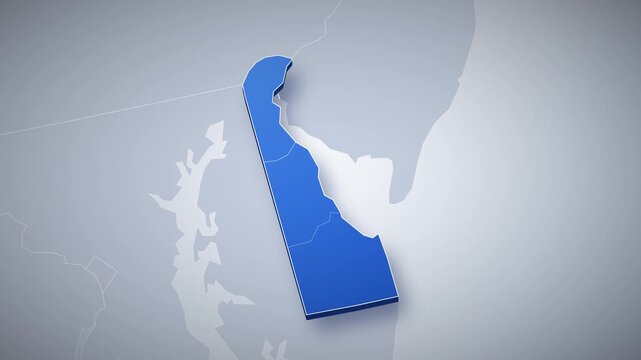 Delaware state map animation, camera zooms from USA map into 3D Delaware, county borders, capital Dover pinned, major cities Wilmington, Newark, US state map infographic, for news and presentations