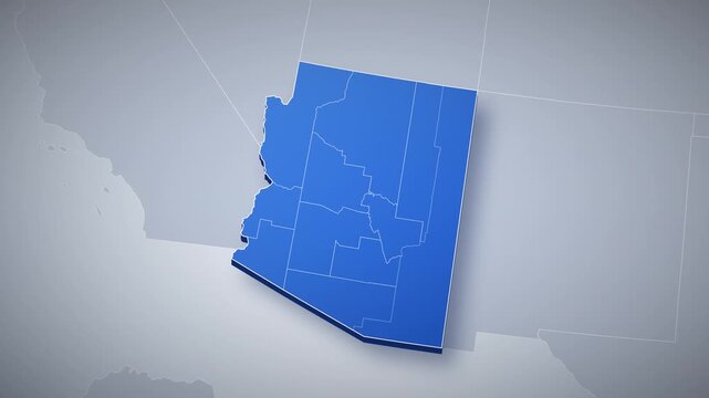 Arizona state map animation, camera zooms from USA map into 3D Arizona, county borders, capital Phoenix pinned, major cities Tucson, Flagstaff, Yuma, US state map infographic, clean blue style