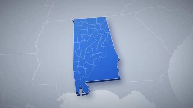 Alabama state map animation, camera zooms from USA map into 3D Alabama, county borders, capital Montgomery pinned, major cities Birmingham, Huntsville, Mobile, US state map infographic