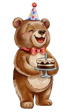 Digital watercolor illustration of cartoon bear with happy birthday cake on a white background