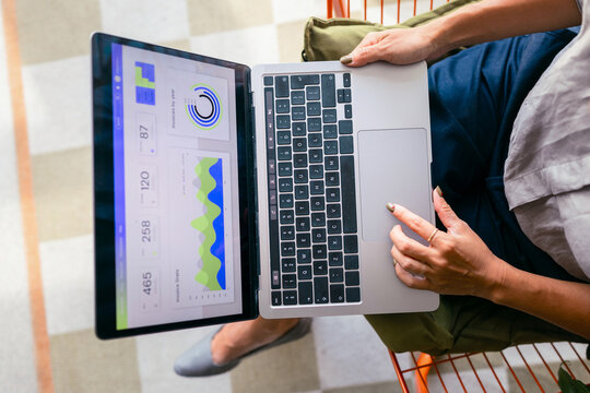Businesswoman Working On Laptop With Business Dashboard