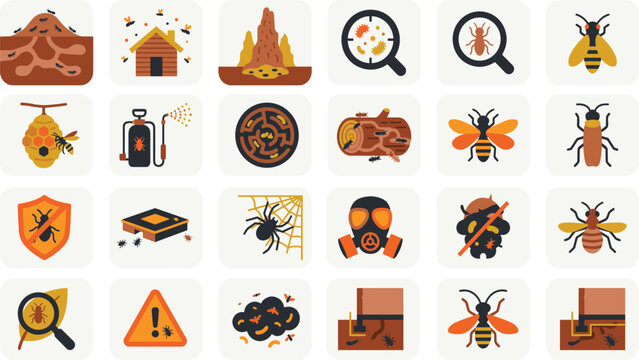 Pest Control Flat Vector Icon Set with Termites Ants Spiders Honeybees Cockroaches Exterminator Equipment and Warning Signs for Infestation Prevention
