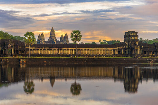 Panoramic View of Angkor Wat Temple Reflection at Sunrise