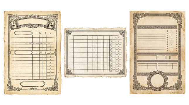 Three vintage-style paper documents with ornate black decorative borders, grid lines, and empty fields for data entry on a white background