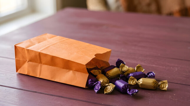 Paper bag spilling glossy purple and gold foil candies onto a smooth dark wooden tabletop under soft indoor ambient light.