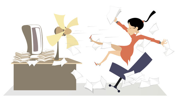 Woman in the office flying away from the air fan 