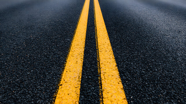 The asphalt road features double yellow lane markings