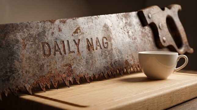 Rusty vintage hand saw with Daily Nag inscription and coffee cup on wooden board