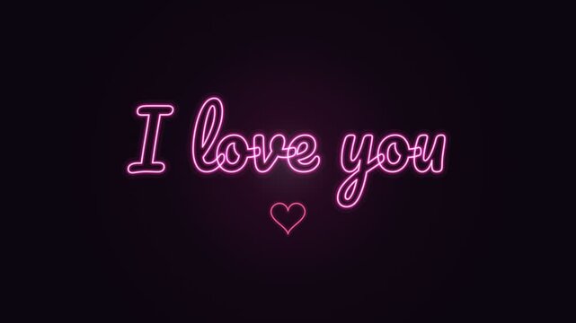 Pink neon sign saying I love you with a heart on a dark background