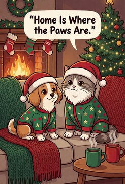 Two pets in festive sweaters sit cozy by fireplace under Christmas tree