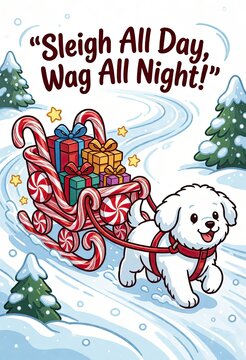 White puppy pulls candy cane sleigh full of gifts through snowy forest