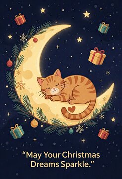 Cute cat sleeps peacefully on crescent moon surrounded by festive gifts and stars